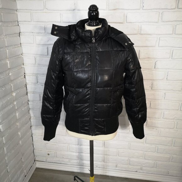 Old Navy Ladies Size Medium Shiny Black Fleece Lined Puffer Bomber Jacket - Picture 1 of 12